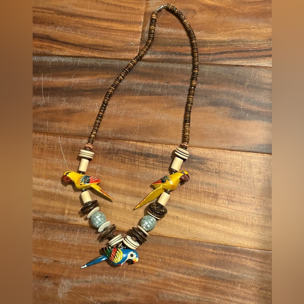 Hand Carved Parrot Necklace Boho‎ Tropical Artisan Statement (A4)
